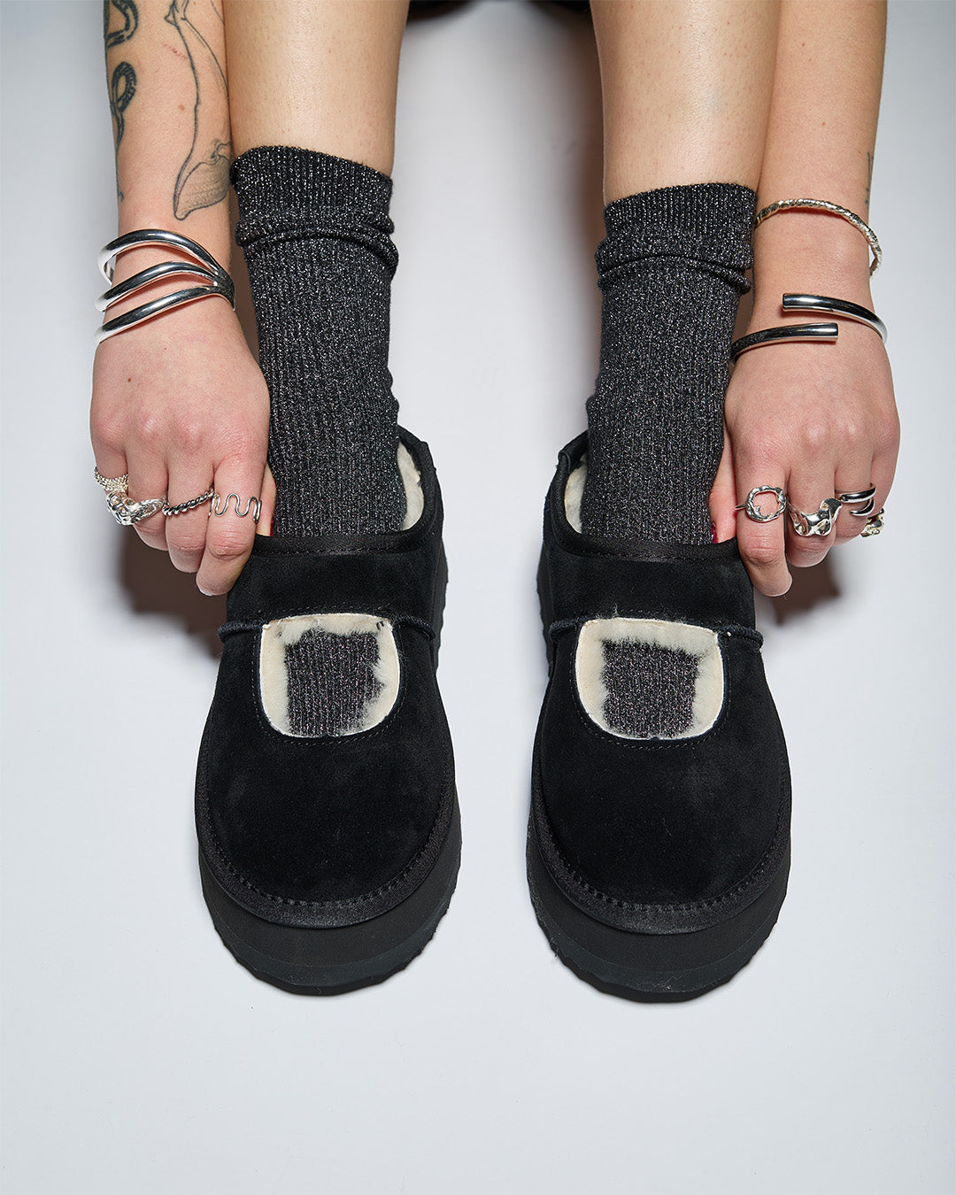 EVERAU Plumed Black Ankle Platform Baleriny Czarne