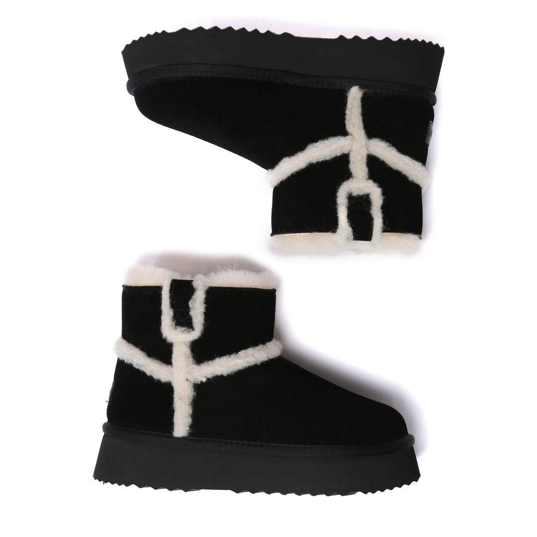 EVERAU Barren Black Leather Chic Platform Short Boots Botki Czarne