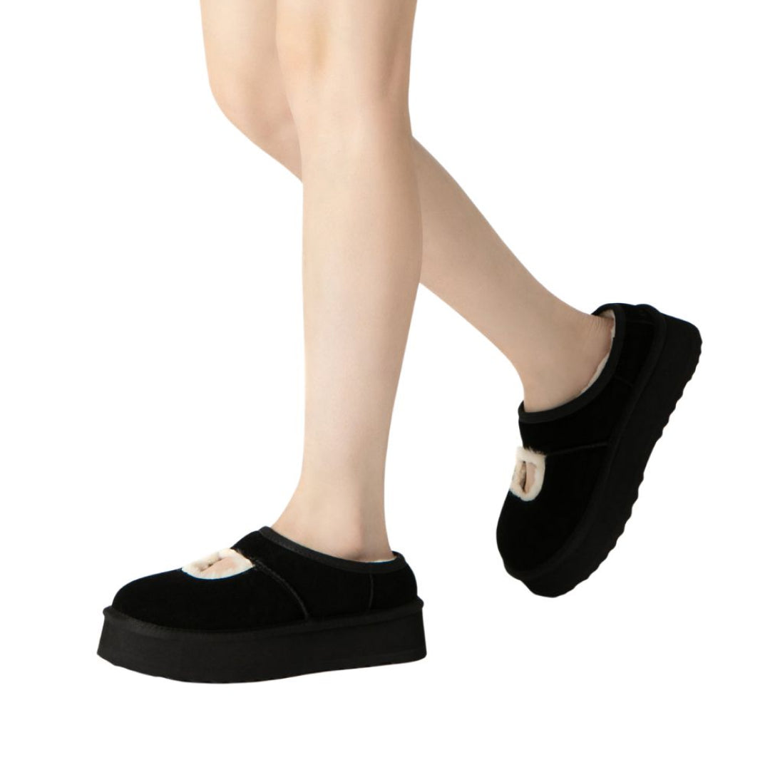 EVERAU Plumed Black Ankle Platform Baleriny Czarne