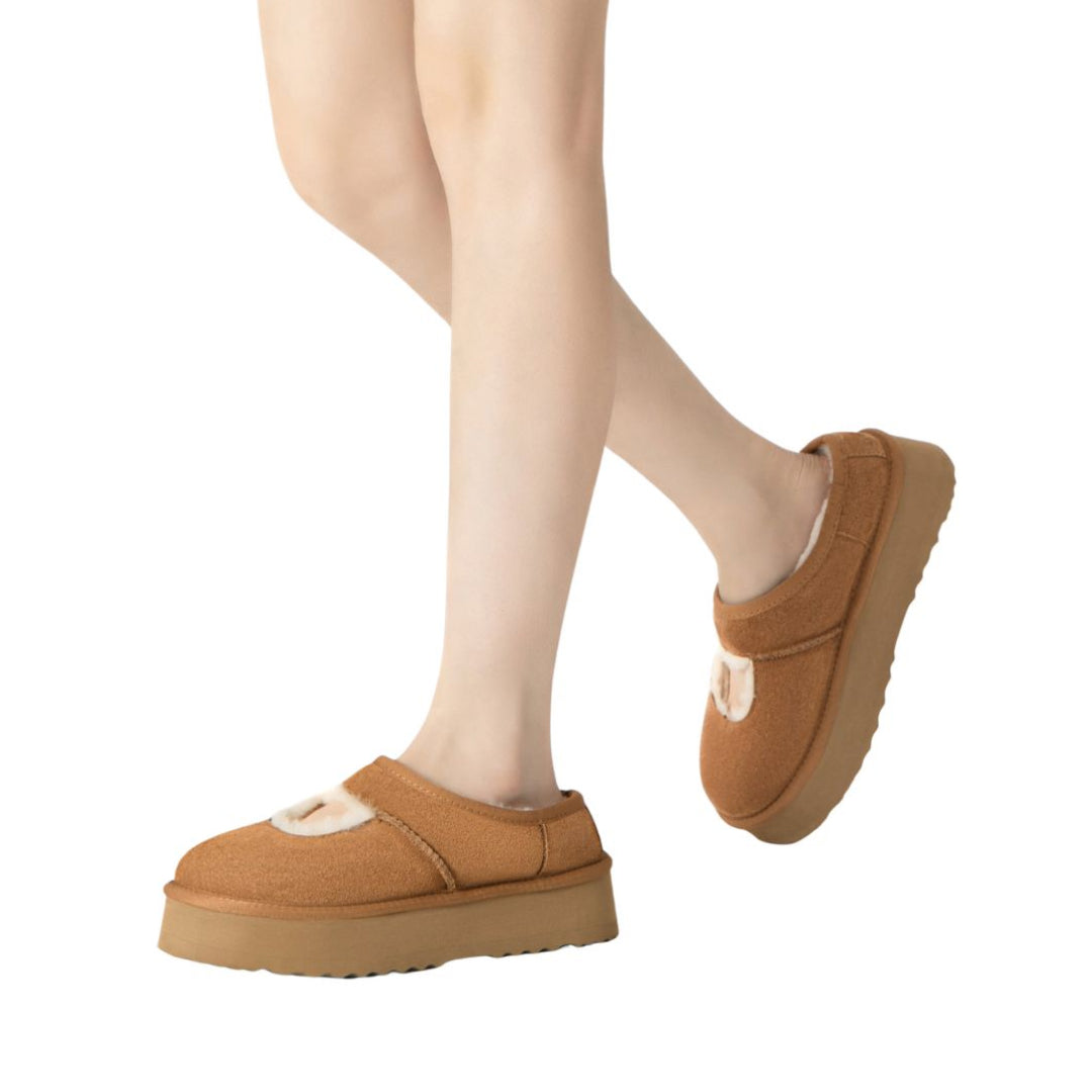 EVERAU Plumed Chestnut Ankle Platform Baleriny Brązowe