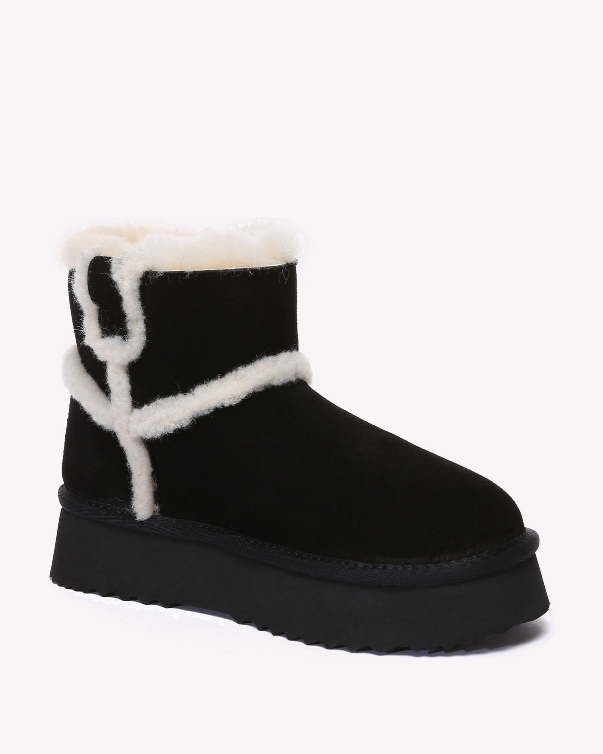 EVERAU Barren Black Leather Chic Platform Short Boots Botki Czarne