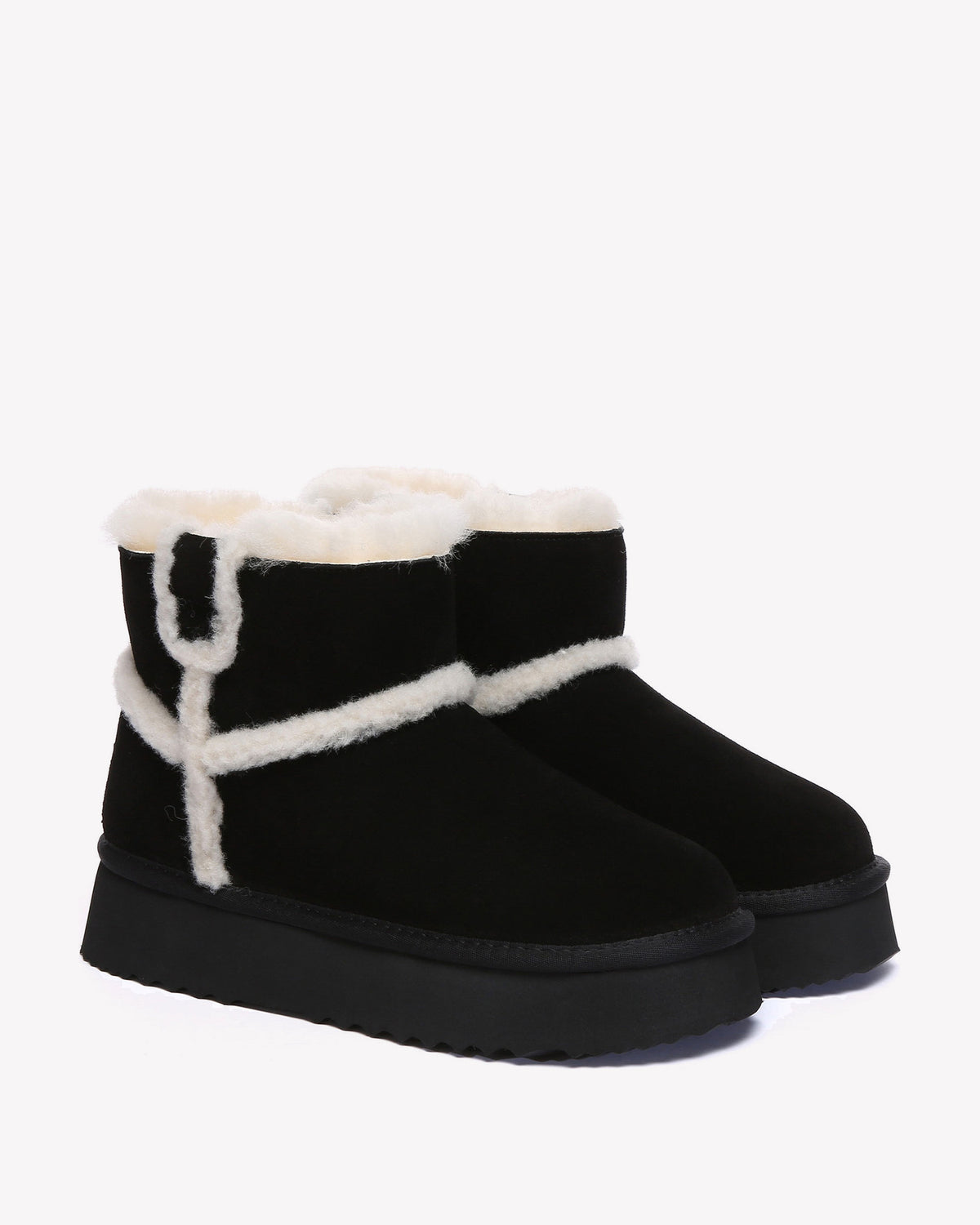 EVERAU Barren Black Leather Chic Platform Short Boots Botki Czarne