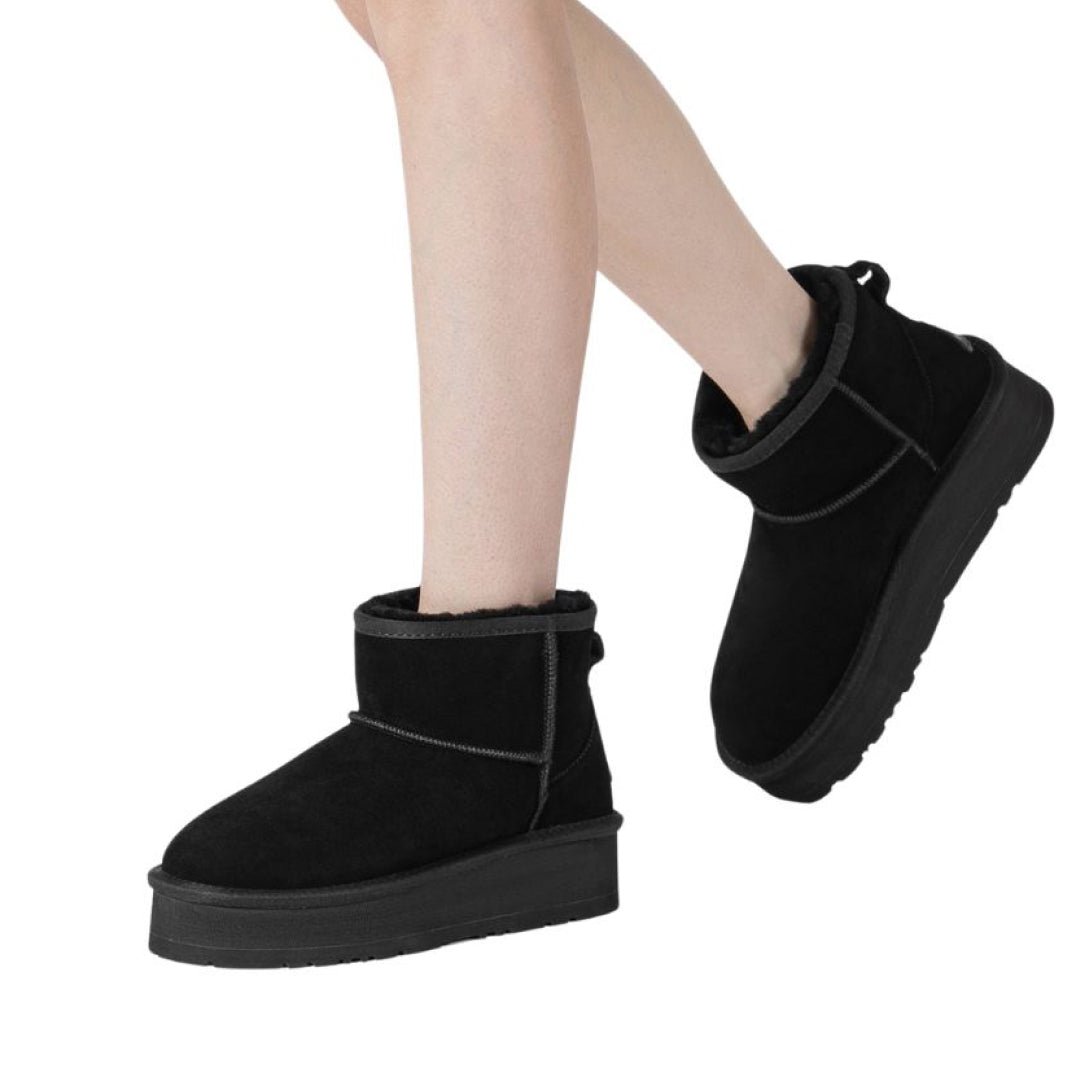 EVERAU Dusky Black Leather Platform Short Boots Botki Czarne