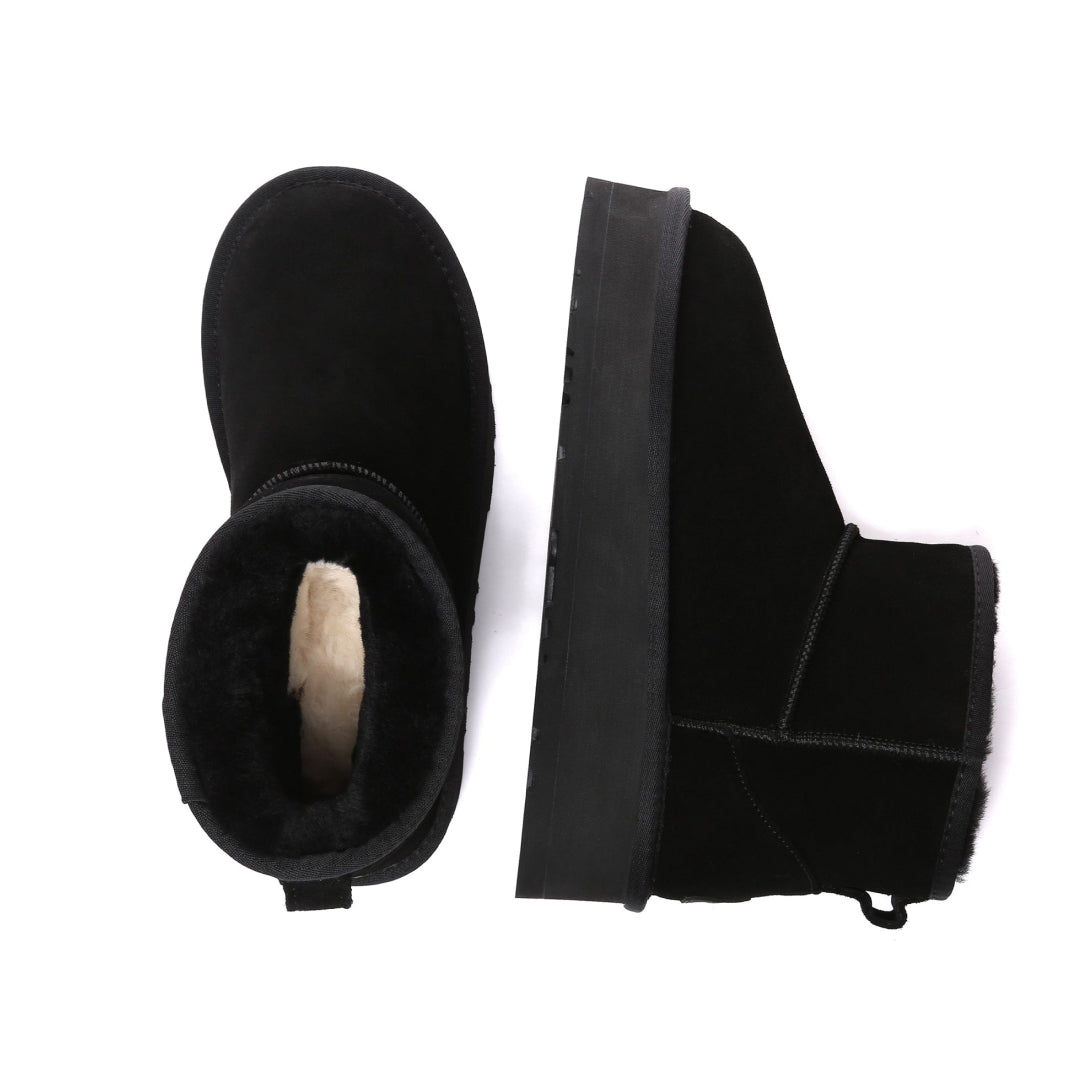 EVERAU Dusky Black Leather Platform Short Boots Botki Czarne