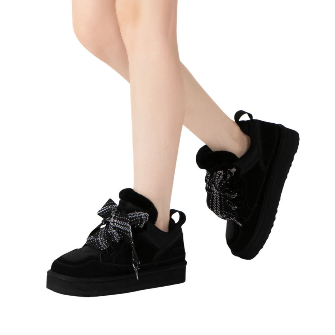 EVERAU Marbled Black Lace up Platform Boots Sneakersy Czarne