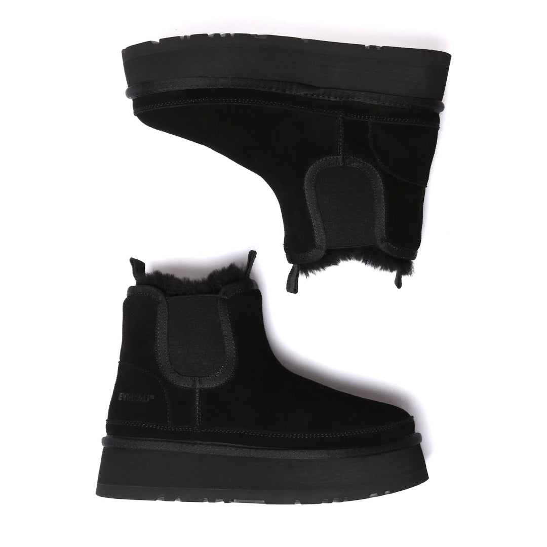 EVERAU Shoveler Black Leather Platform Short Chelsea Boots Botki Czarne